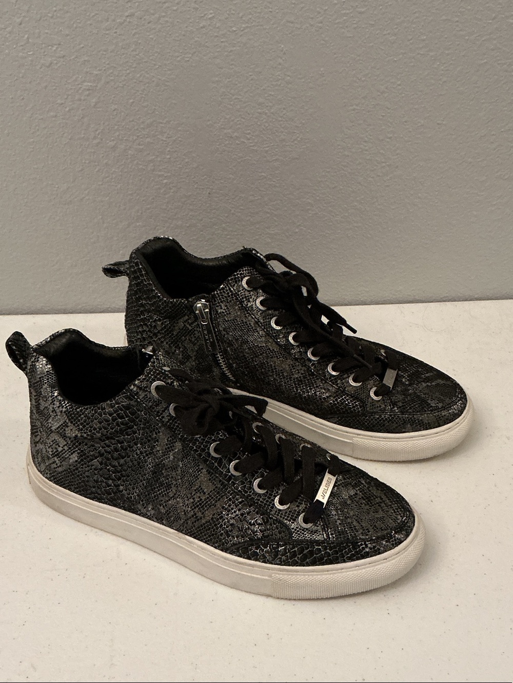 J/SLIDES Black Snake-Print Lace-Up Sneakers with Side Zipper